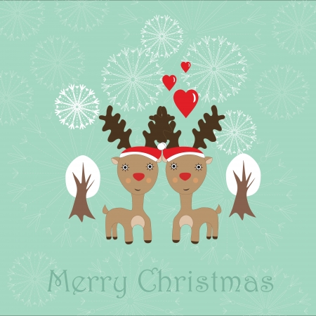Cute Christmas card with two reindeer, snowflakes and white treesのイラスト素材