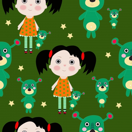 Seamless sweet small girl with toy and stars illustration background patternのイラスト素材
