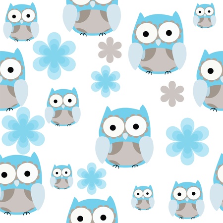 Seamless cute blue and gray owl  repeating backgroundのイラスト素材