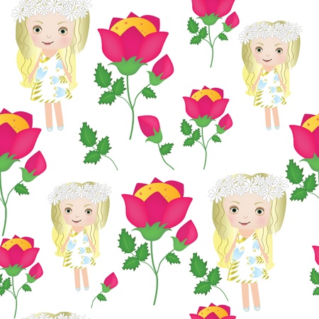 Seamless sweet small fairy girl vector illustration background patternのイラスト素材