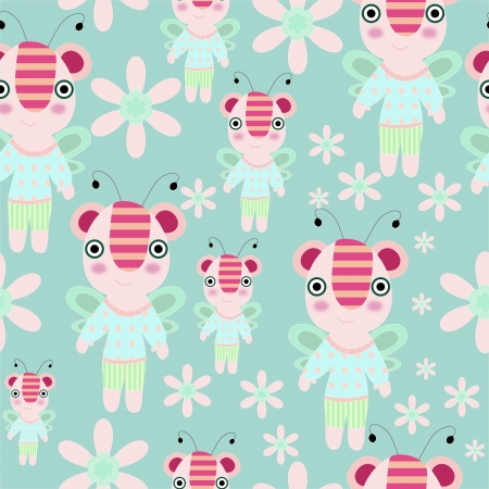 Seamless cartoon teddy - bee with flowers and trees illustration repeat background patternのイラスト素材