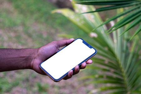 Image of a man browsing on to a white blank smartphone at a park for mockupの写真素材