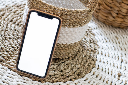 A smartphone placed on a basket with blank white image for mockupの写真素材