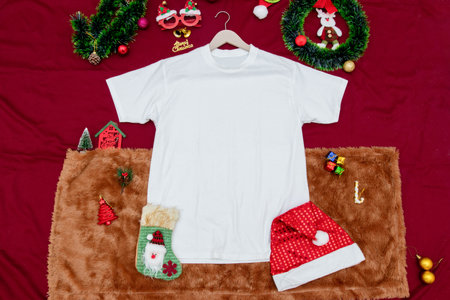 Blank white shirt mockup image with christmas themed decorations. A blank shirt encircled by christmas ornaments, colorful gift decorations. Blank space to fill. Christmas shirt mockup imageの写真素材