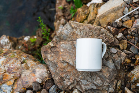 A Coffee mug laying out on the top of some rocks that covered with moss while the water keep splashing over it, coffee mug mockup imageの写真素材