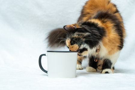 Get ready to be charmed by this cat's playful interactions with a white blank mug, white blank mug mockup imageの写真素材
