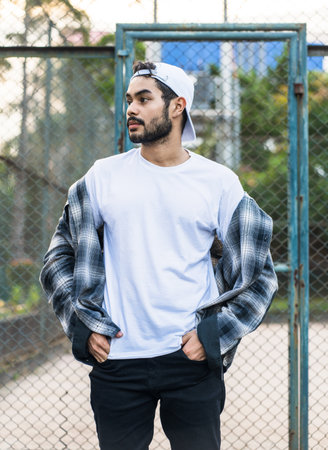 This image captures the essence of modern masculinity, with a bearded man posing confidently in a clean and classic white blank shirt, white blank shirt mockup imageの写真素材
