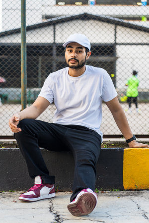 Young bearded man relaxes in white shirt and cap hat with tennis court behind, white blank cap hat and shirt mockup imageの写真素材