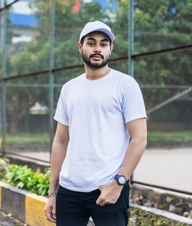 This bearded man showcases his unique sense of style in a white blank shirt and cap hat, creating a look that is both understated and bold, white blank cap hat and shirt mockup imageの写真素材