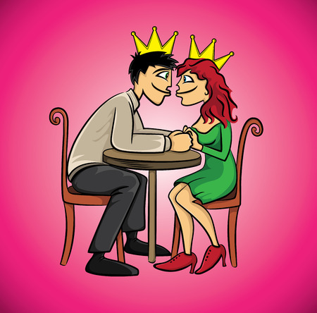 romantic couple wearing crowns sitting together holding each others handsのイラスト素材