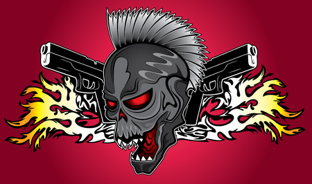 punk cyber human skull with pistols and fire flames backgroundのイラスト素材