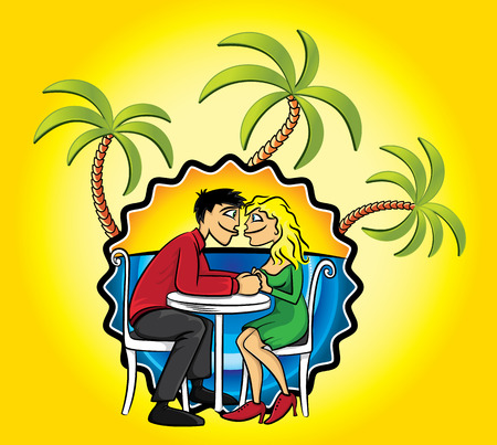 Romantic couple in love and holiday beach background with palmsのイラスト素材
