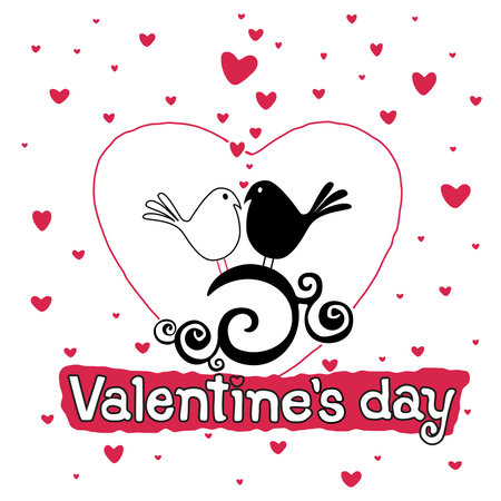 Valentines day romantic postcard. Doves couple falling in love. Heart shape designのイラスト素材