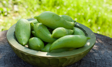 Achocha, Cyclanthera pedata healthy vegetables in wooden bowl. Green blury backgoundの写真素材