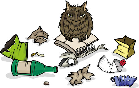 Feathered owl sitting on book surrounded by trashのイラスト素材