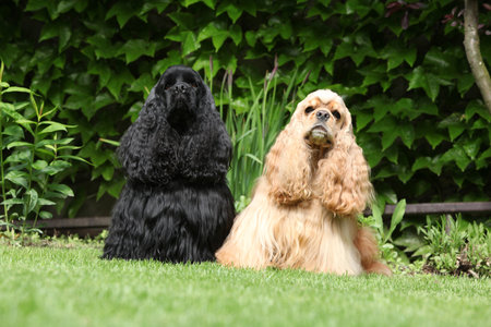 Couple of dogs together in the gardenの写真素材