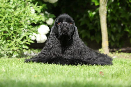 American cocker spaniel lying on the grass in beautiful gardenの写真素材