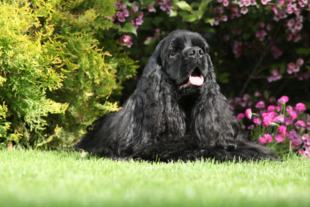 Cocker spaniel lying on the grass in beautiful gardenの写真素材