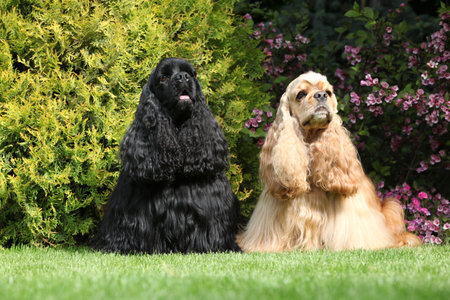 Couple of cocker spaniel together in the gardenの写真素材