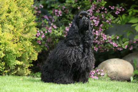 American cocker spaniel alone in beautiful gardenの写真素材