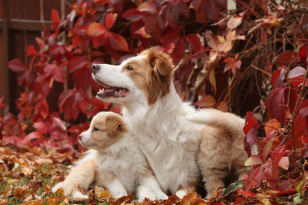 Border collie with her puppy in front of red leaves, autumnの写真素材
