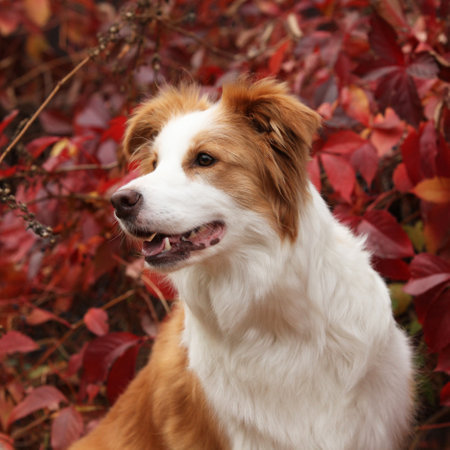 Portrait of border collie in front of red leaves in autumnの写真素材