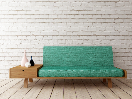 modern interior with sofa on brick wallの写真素材