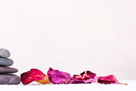 Relaxing still life with stones and flower petalsの写真素材