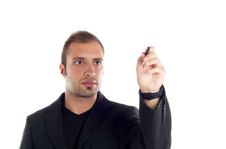 guy in the office with a pen that writes on a blackboardの写真素材