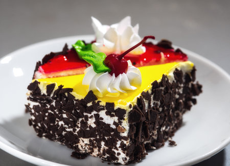 a piece of cake with cream and cherry