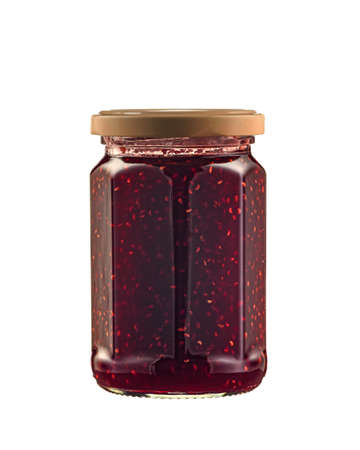 Glass jar with raspberry jam, closed with a metal lid, isolated on a white backgroundの写真素材