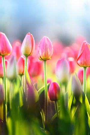 pink tulips in a flower bed close-up, illuminated by the sun