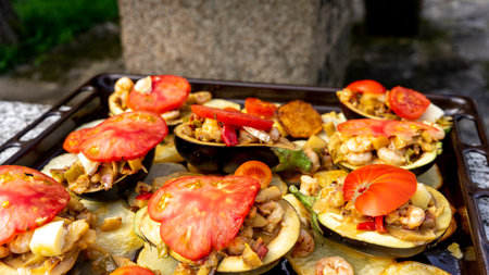 eggplant stuffed with prawns and ham