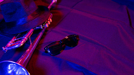 Trumpet with hat and sunglassesの写真素材