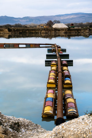 Tube floating in a lakeの写真素材