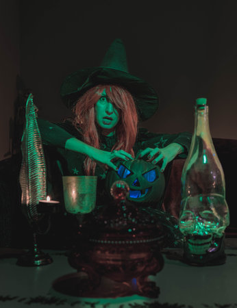 Witch with Halloween Pumpkin Doing Magic