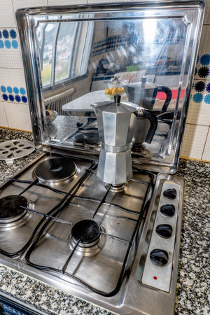 Italian coffee maker in kitchenの写真素材