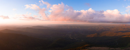 View of an open countryside during sunset from the air.の写真素材