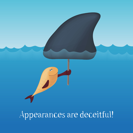 Appearances are deceitful. The little fish with a big shark fin scares everyone. Motivating card.のイラスト素材