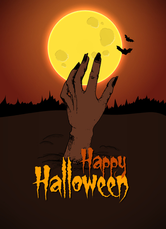 Halloween. The hand of the zombie sticks out above the ground. Lunar landscape. illustrationのイラスト素材