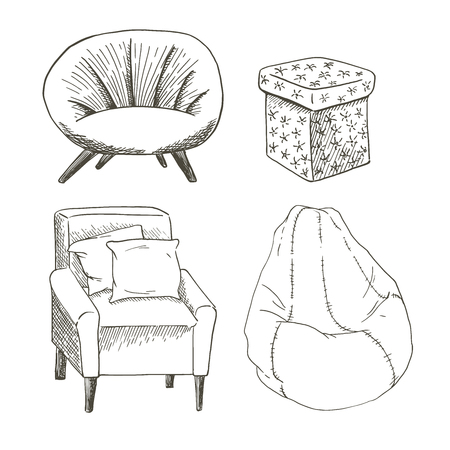 A vector set of different types of the chairs and padded stools isolated on a white backgroundのイラスト素材