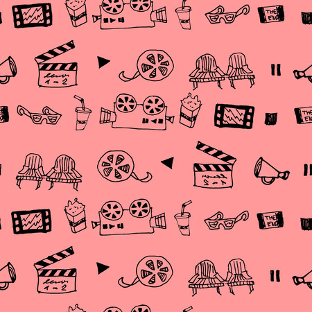 Seamless hand drawn vector pattern with cinema attributes for textile, ceramics, fabric, print, cards, wrappingのイラスト素材