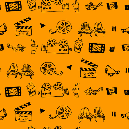 Seamless hand drawn vector pattern with cinema attributes for textile, ceramics, fabric, print, cards, wrappingのイラスト素材