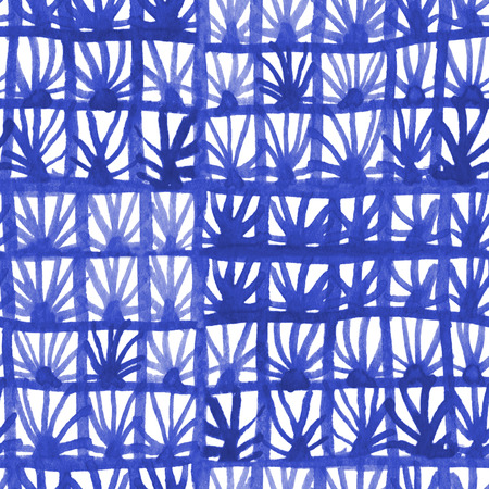 Blue weave grid watercolor seamless pattern. Japanese traditional ornament indigo shibori pattern. Textile, fabric, print, ceramics, kraft, wrapping, cardsの写真素材