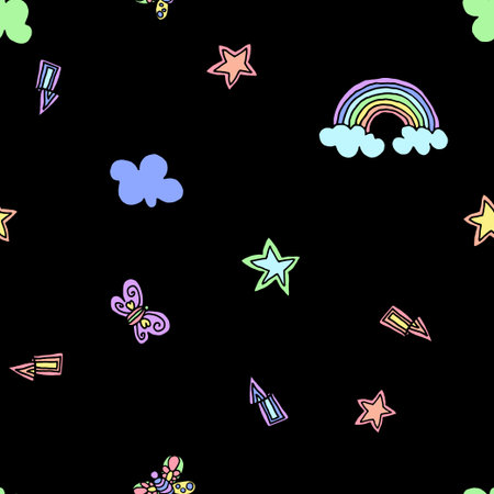 Seamless pattern with rainbow, stars, flash, lightning and butterfly on black background. Vector illustration. Typography design elements for prints, cards, posters, products packaging, branding.の写真素材