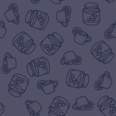 Seamless vector pattern with tea and cherry jam in violet tones for craft, wrapping, textile, ceramicの写真素材