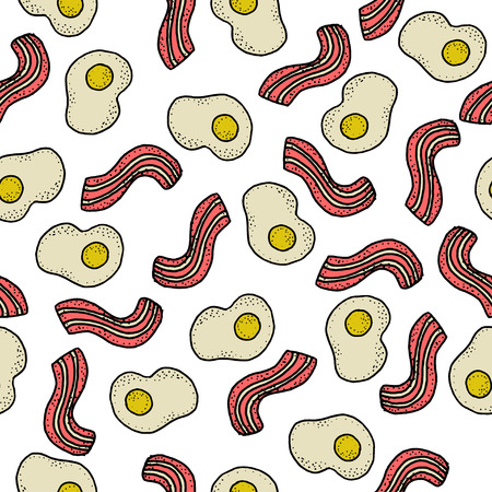 Seamless vector pattern with breakfast. Eggs and bacon on white. For textile, wrapping, craftの写真素材