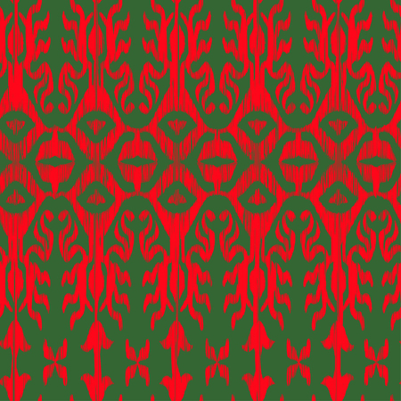 Vector seamless ikat pattern traditional green and red for textile, fabric, ceramic, wrappingの写真素材