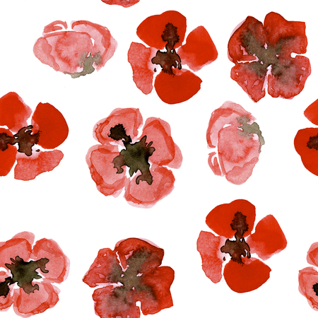 Watercolour seamless pattern with red small poppy for wrapping, craft, fabric, textileの写真素材