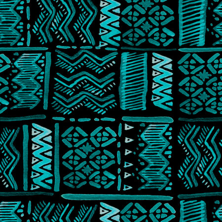 Seamless watercolour ethnic ornate turquoise on black for fabric, textile, ceramic, craft, wrapping